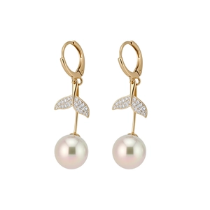 Elegant 18K gold plated fishtail earrings with sparkling zircon and white pearl drops