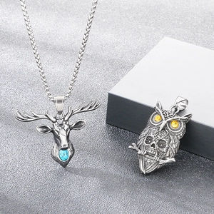 Vintage distressed titanium steel stag and owl skull pendants for men hip-hop gothic jewelry