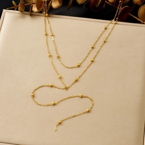 Multi-layer vintage gold-plated stainless steel necklace with bead chain accents