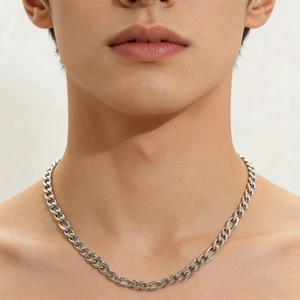 Men's silver stainless steel curb chain necklace shown worn on a model for casual style