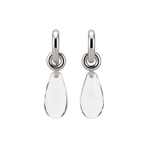 Elegant silver hoop earrings with clear resin water drop pendants on white background