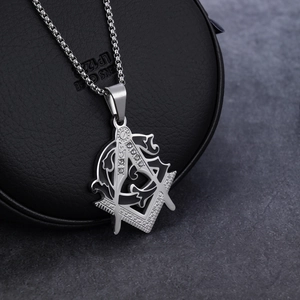 Silver Freemason pendant with square and compasses on a metal bead chain necklace