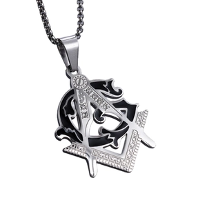 Silver-black Freemasonry pendant with rhinestones on a stainless steel chain necklace