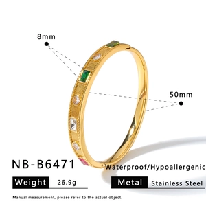 Detailed measurements of gold stainless steel bracelet with colorful zircon inlays.