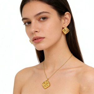 18K gold plated stainless steel geometric textured necklace and earrings jewelry set