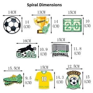 Tableau des tailles montrant les dimensions de huit décorations de fête sur le foot