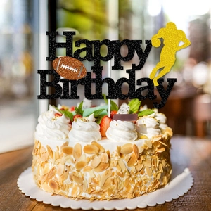 Glittery Happy Birthday cake topper with American football player silhouette for parties