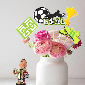 Football party vase decorations set with goal sign, soccer ball and trophy on sticks