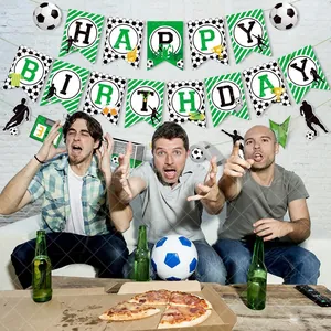 Soccer themed birthday banner featuring happy birthday text and sports silhouettes