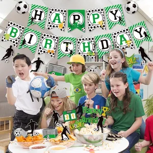 Soccer theme birthday party set including happy birthday banners and themed cake toppers