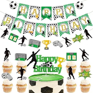 Soccer themed birthday party set with football banner, cake toppers and goal silhouette