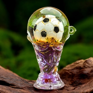 Creative soccer theme acrylic quicksand keychain with trophy ball inside on wood base