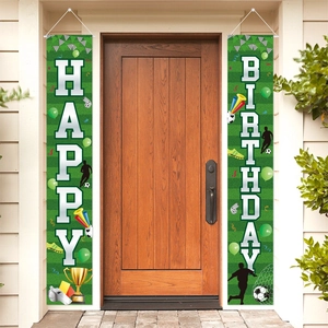 Soccer Birthday Porch Sign Banner Football Theme Sport Party Decorations Green Grass Field Polyester Fabric Outdoor Door Hanging