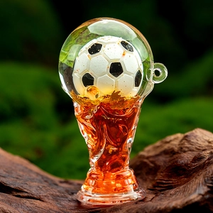 Detailed macro view of soccer trophy acrylic keychain with moving sand and liquid