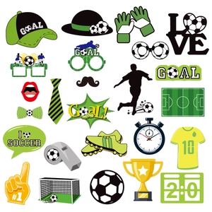25-piece soccer party photo booth props with soccer balls, trophies, and goal signs