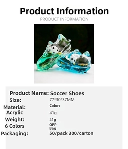 Detail view of acrylic soccer shoe ornament with size 77x30x37mm and 41g weight