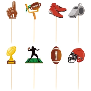8-piece American football cake topper set with helmet, trophy, and goal post designs