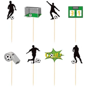 8-piece soccer theme cake toppers featuring players, goals, and goal signs for party decor