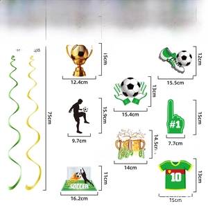 Detailed size chart for 2026 soccer party decorations featuring hanging swirls and cards