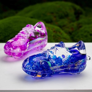 Creative soccer shoe liquid keychains with blue and purple quicksand glitter effect