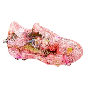 Pink liquid glitter acrylic soccer shoe keychain accessory for office desk decor