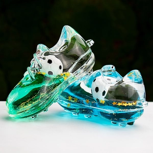 Creative soccer shoe liquid sand paperweight in blue and green with floating glitters