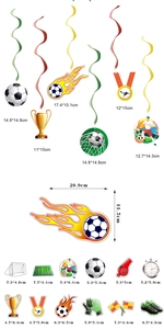 Detailed size specifications for soccer theme birthday party swirl decorations and cards