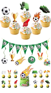 Detail of football party decorations set including cake toppers and soccer banners