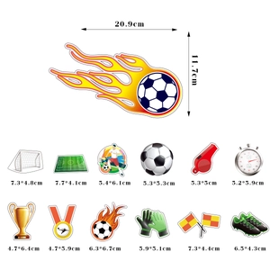 Soccer theme party decoration set with flame football stickers and trophies for birthdays