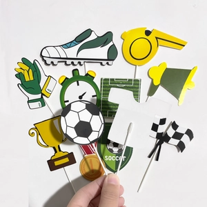 Close-up of 11-piece soccer photo booth props set for football themed birthday parties