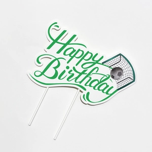 Soccer themed Happy Birthday cake topper with ball and goal net for sports party