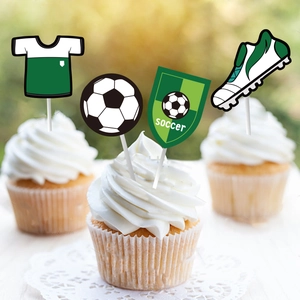 Soccer theme cupcake toppers featuring soccer balls, jerseys and shoes for boy birthday parties