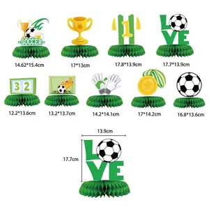 Soccer party honeycomb centerpieces showing size measurements and sport designs
