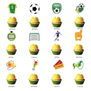 Set of 12 soccer theme cupcake toppers featuring jerseys goals and trophies for parties