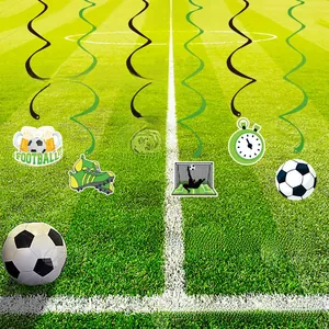 Soccer party hanging swirls featuring football, goal, and stopwatch designs on grass