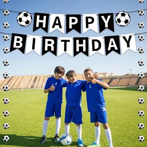 Bannière Joyeux Anniversaire Thème Football Et Guirlande Pour Décoration De Fête Sportive Papier Carton Noir Et Blanc