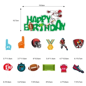 American football Happy Birthday cake topper set with dimensions and various party accessories