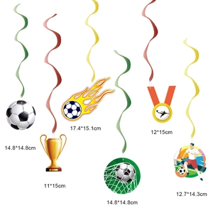 Soccer party hanging swirls set with football, trophy, and medal decorations