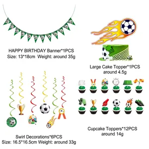 Soccer birthday decoration kit with hanging banners, cake toppers and spiral swirls