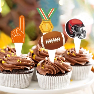 American football themed cake toppers set on chocolate cupcakes for birthday party decoration