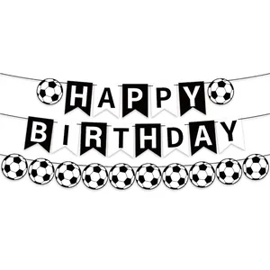 Kit de bannière Happy Birthday thème football avec icônes de ballons noirs et blancs