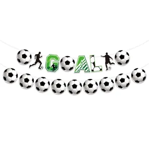 Soccer theme party banner set with GOAL letters and football patterns on white background
