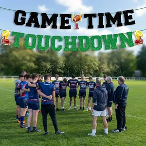 Glitter American football party banner with Game Time and Touchdown sports theme design