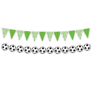 Soccer birthday cake topper set with green triangle flags and football round charms