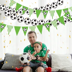 Soccer theme birthday party banner with green pennants and football patterns for home decor