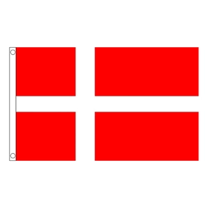 Standard Denmark flag with white cross and red background featuring metal grommets for hanging