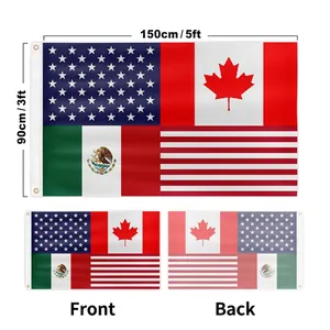2026 World Cup 150x90cm polyester flag with US, Canada, and Mexico flag elements