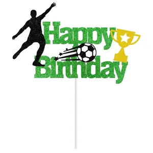 Topper torta calcio Happy Birthday verde glitterato con calciatore e trofeo