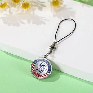 Round silver United States 250th Anniversary pendant with red white blue logo and cord