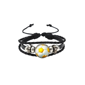 Multilayer football leather bracelet with round soccer ball charm and adjustable cord